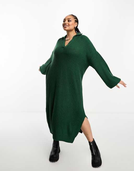 ASOS DESIGN Curve knit maxi dress with open collar in dark green