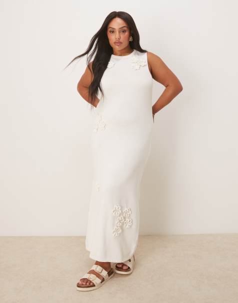 ASOS DESIGN Curve knit midaxi dress with floral applique detail in white - view 1