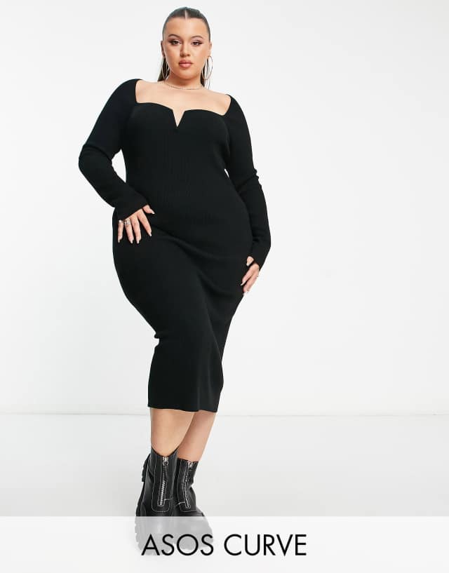 ASOS DESIGN Curve knit midi dress with plunge neckline in black