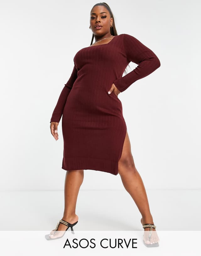 ASOS DESIGN Curve knit midi dress with square neck in dark red