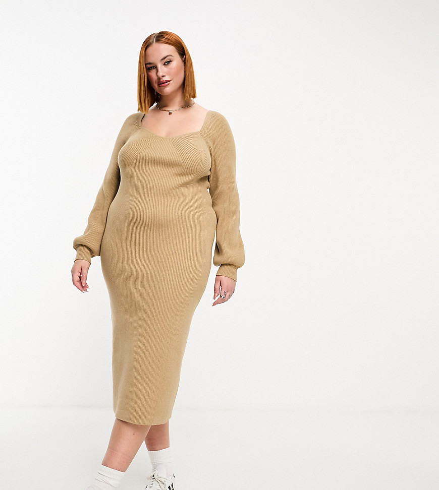Asos Curve Asos Design Curve Knit Midi Dress With Sweetheart Neck In Taupe-neutral