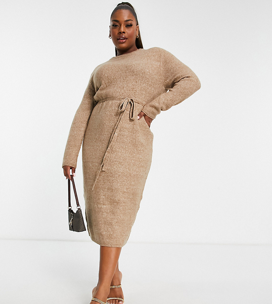 ASOS DESIGN Curve knit midi dress with tie waist in taupe-Neutral
