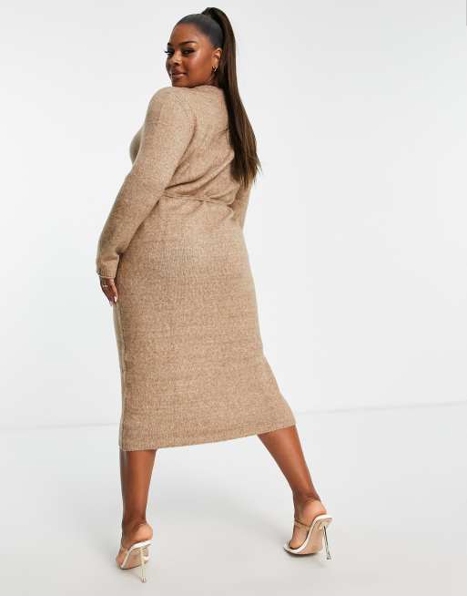 tie waist long sleeve knit midi dress Anna-Kaci Women's Long Sleeve Ribbed Knit Midi Dress with V-Neck and Waist Tie, Small 4-6 / Brown