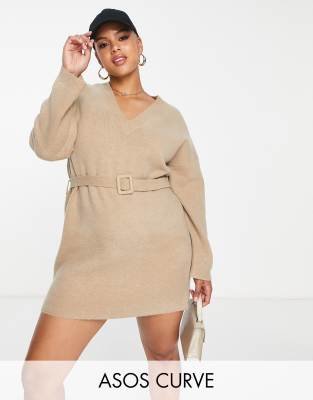 ASOS DESIGN Curve knitted mini dress with belt in brown - ASOS Price Checker