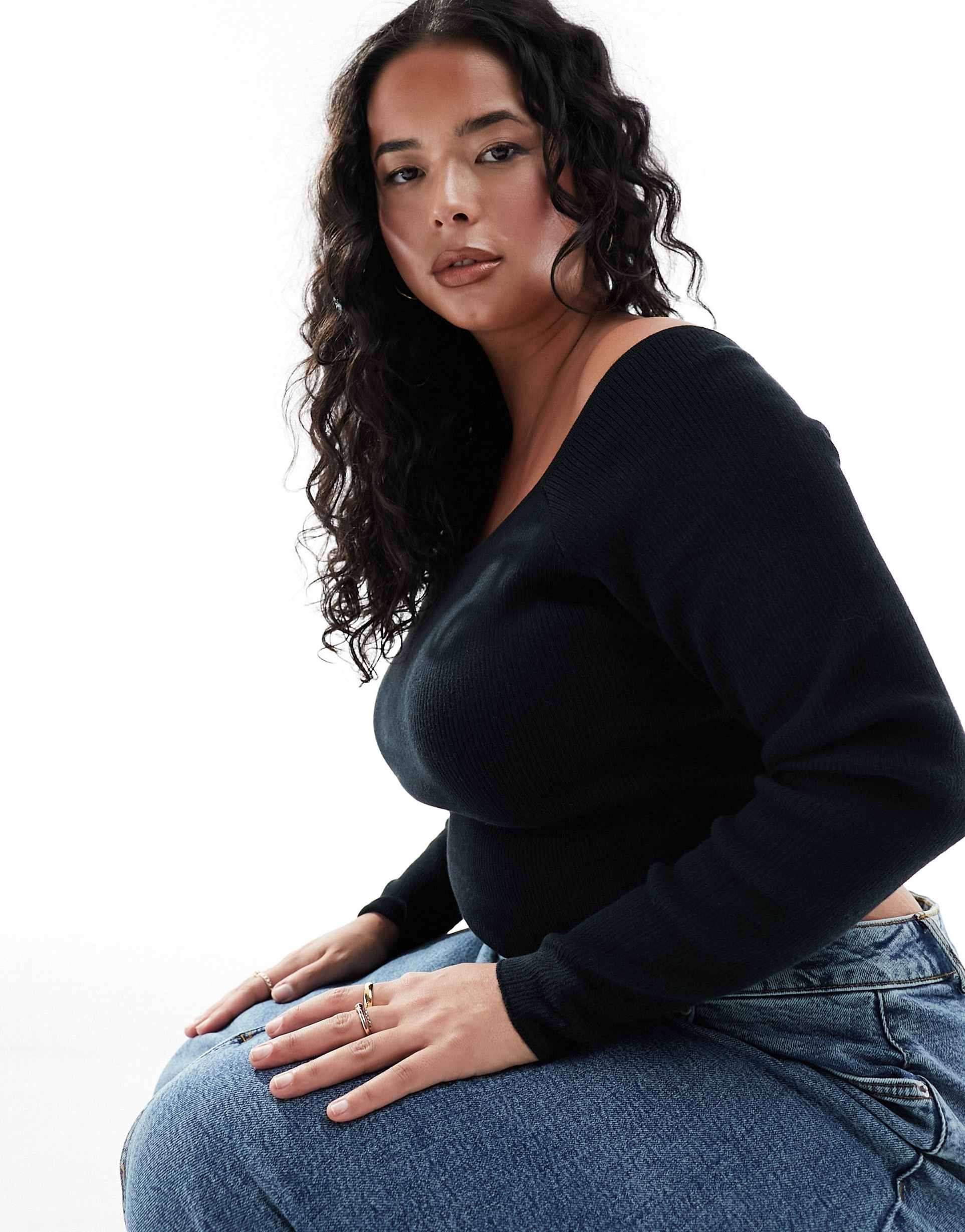 asos design curve knit off-shoulder bardot top in black