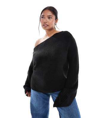 ASOS DESIGN Curve knit off the shoulder slouchy sweater in black - view 1