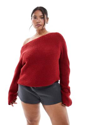 ASOS DESIGN Curve knit off the shoulder slouchy sweater in red - view 1