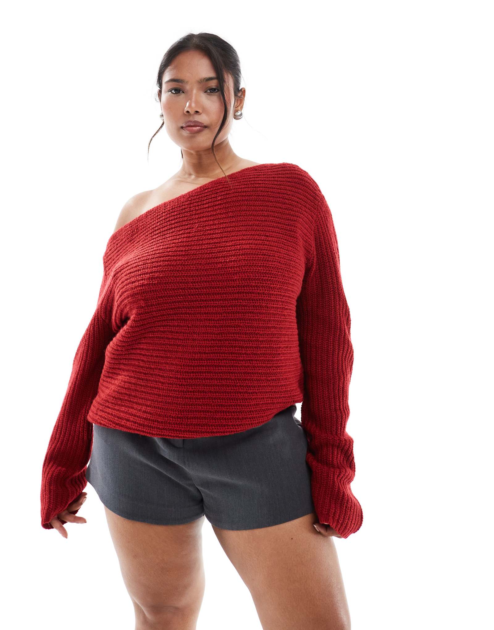 Вязаный свитер ASOS DESIGN Curve красного цвета с открытыми плечами и напуском
