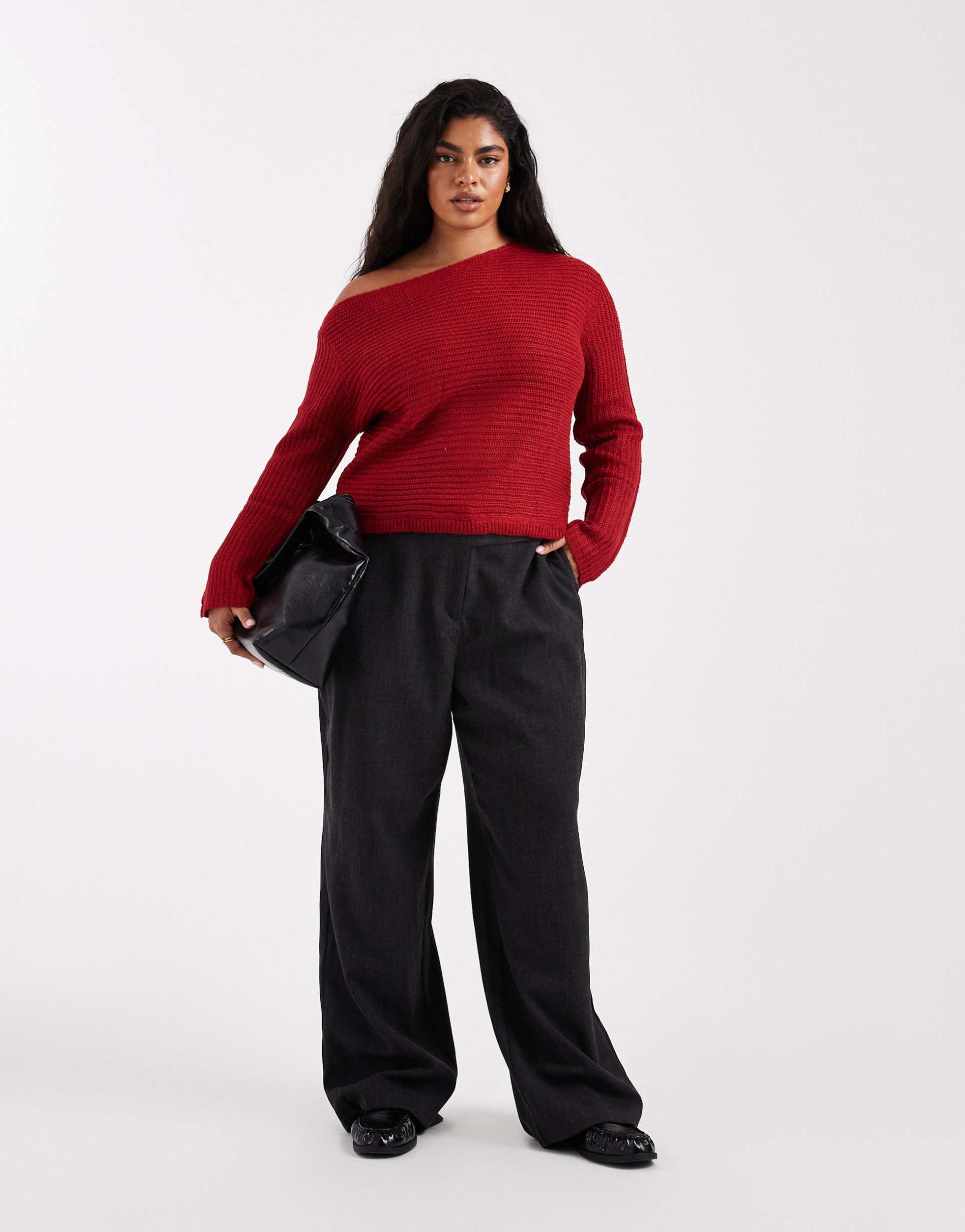 asos design curve knit off the shoulder slouchy sweater in red