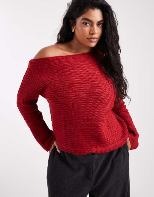 ASOS DESIGN Curve knit off the shoulder slouchy sweater in red