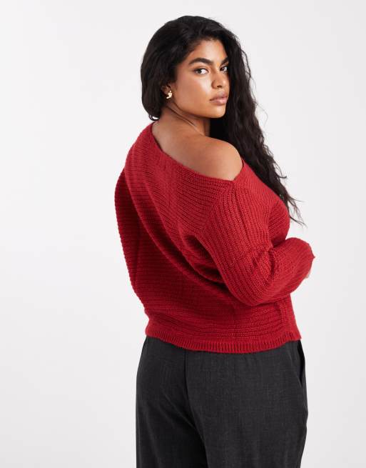 ASOS DESIGN Curve knit off the shoulder slouchy sweater in red