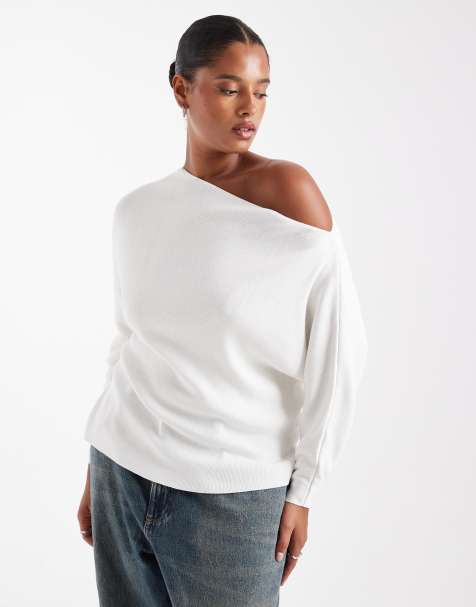 ASOS DESIGN Curve knit ribbed asymmetric off shoulder top in cream - view 1