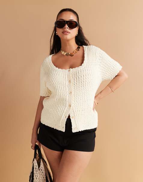 ASOS DESIGN Curve knit scoop neck button up cardigan with textured yarn in cream - view 1