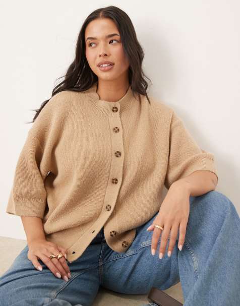 ASOS DESIGN Curve knit short sleeve ribbed cardigan in stone - view 1