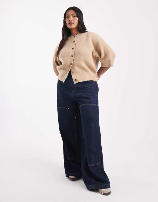 ASOS DESIGN Curve knit short sleeve ribbed cardigan in stone