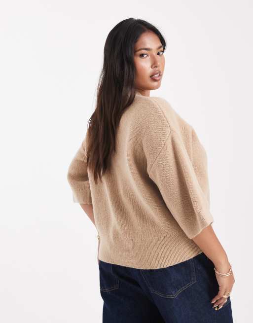 ASOS DESIGN Curve knit short sleeve ribbed cardigan in stone