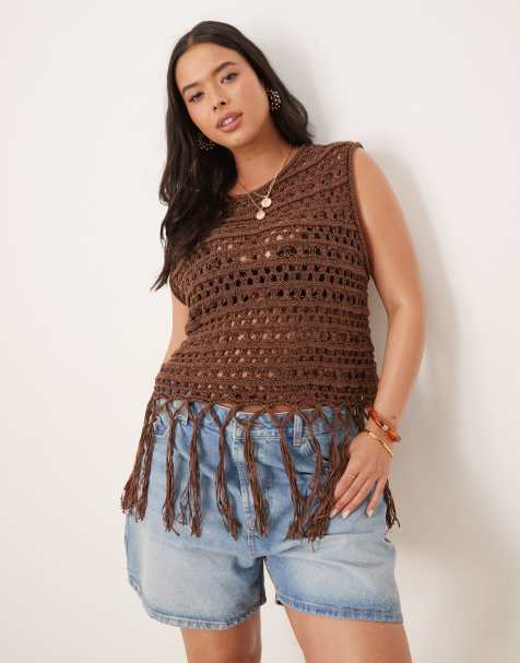 ASOS DESIGN Curve knit stitch tank with fringe detail in chocolate - view 1