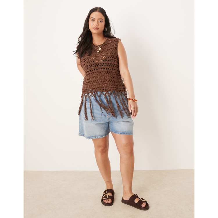ASOS DESIGN Curve knit stitch tank with fringe detail in chocolate