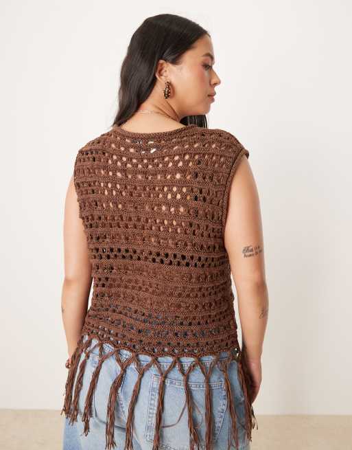ASOS DESIGN Curve knit stitch tank with fringe detail in chocolate, 3 of 4