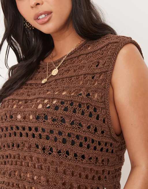 ASOS DESIGN Curve knit stitch tank with fringe detail in chocolate, 4 of 4