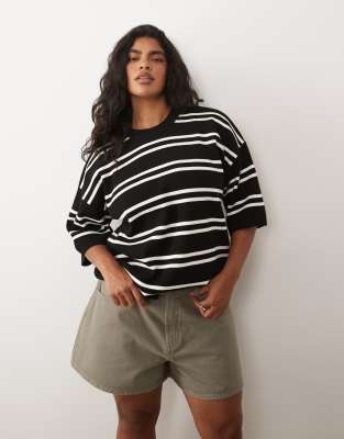 Asos Curve Asos Design Curve Knit Stripe Compact Structured Oversized T-shirt In Black