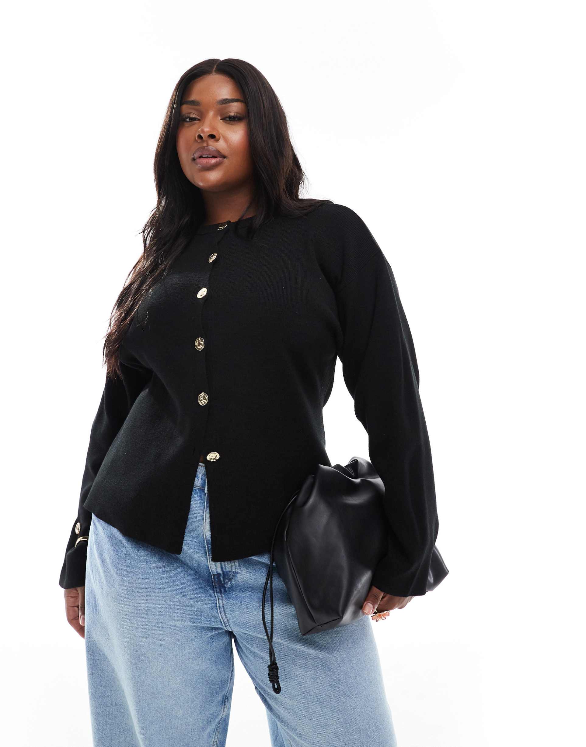 asos design curve knit structured crew neck cardigan with gold buttons in black