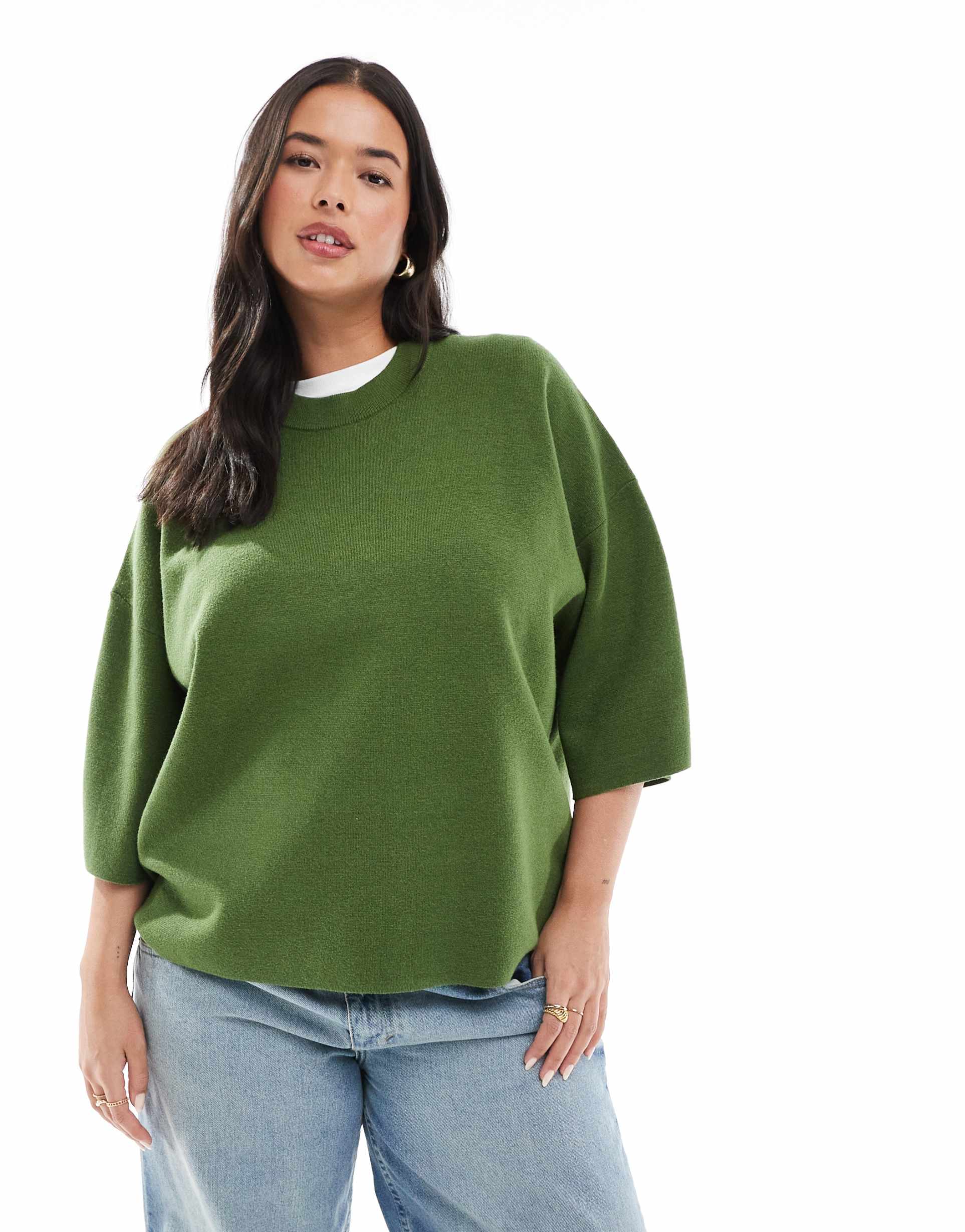 asos design curve knit structured oversized t-shirt in olive