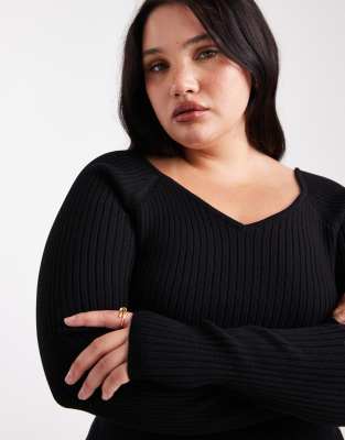 Asos Curve Asos Design Curve Knit Structured V Neck Top In Black