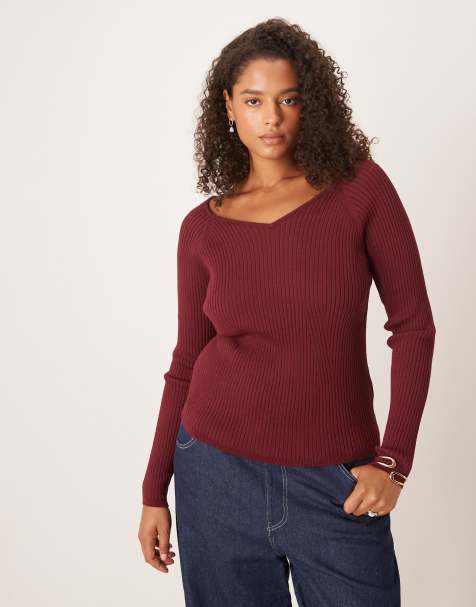 ASOS DESIGN Curve knit structured v neck top in burgundy - view 1