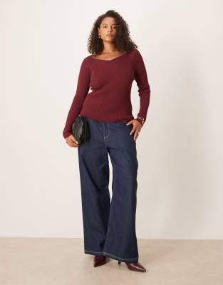 Asos Curve Asos Design Curve Knit Structured V-neck Top In Burgundy