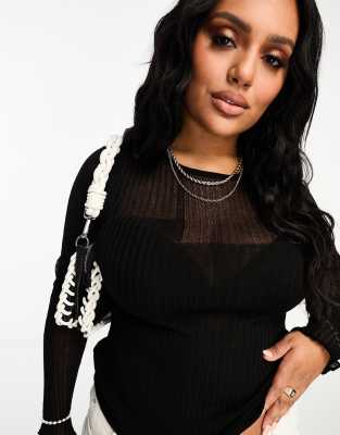 ASOS DESIGN Curve knit top with sheer asymmetric detail in black