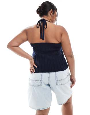 Asos Curve Asos Design Curve Knit Wide Rib Halter Top In Navy