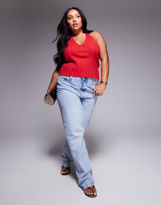 ASOS DESIGN Curve knit wide ribbed halter top in red | ASOS