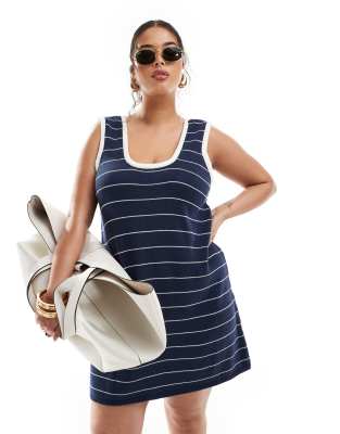 ASOS Curve ASOS DESIGN Curve knitted a line mini dress with tipped neckline in navy-Multi