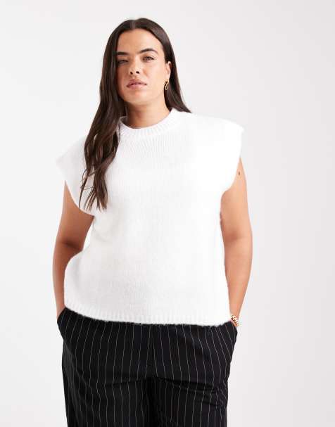 ASOS DESIGN Curve knitted boxy shoulder detail tank top in cream - view 1