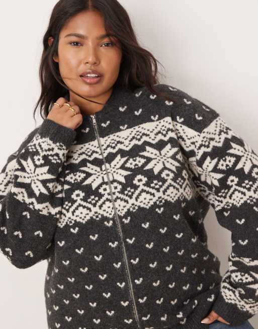 ASOS DESIGN Curve knitted collar zip through cardigan with fair isle pattern in charcoal and cream