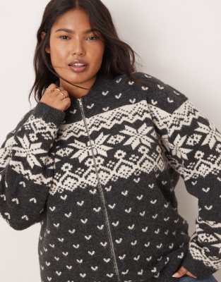 ASOS DESIGN Curve knitted collar zip through cardigan with fairisle pattern in charcoal and cream-Multi