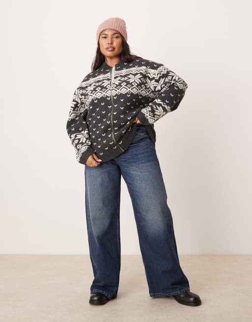 ASOS DESIGN Curve knitted collar zip through cardigan with fairisle pattern in charcoal and cream