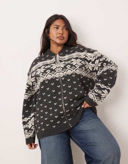 ASOS DESIGN Curve knitted collar zip through cardigan with fairisle pattern in charcoal and cream