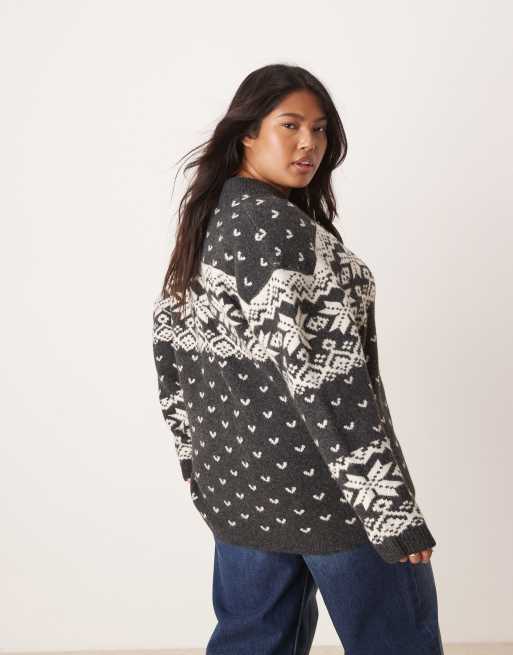 ASOS DESIGN Curve knitted collar zip through cardigan with fairisle pattern in charcoal and cream