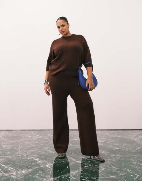 ASOS DESIGN Curve knitted compact pants in chocolate (Part of a set) - view 1