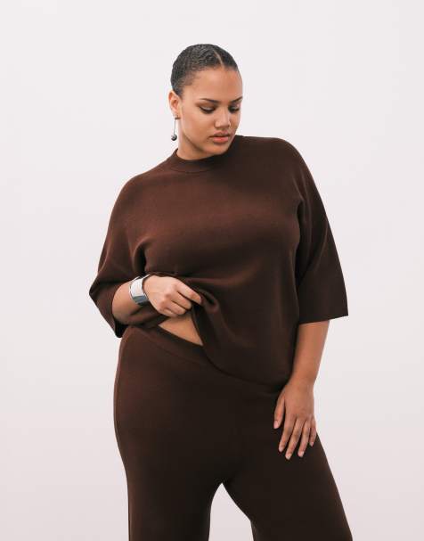 ASOS DESIGN Curve knitted compact structured oversized t shirt co-ord in chocolate - view 1