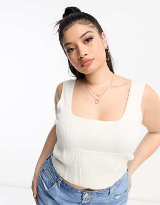 ASOS Curve ASOS DESIGN Curve knitted corset top with seam detail in cream-White