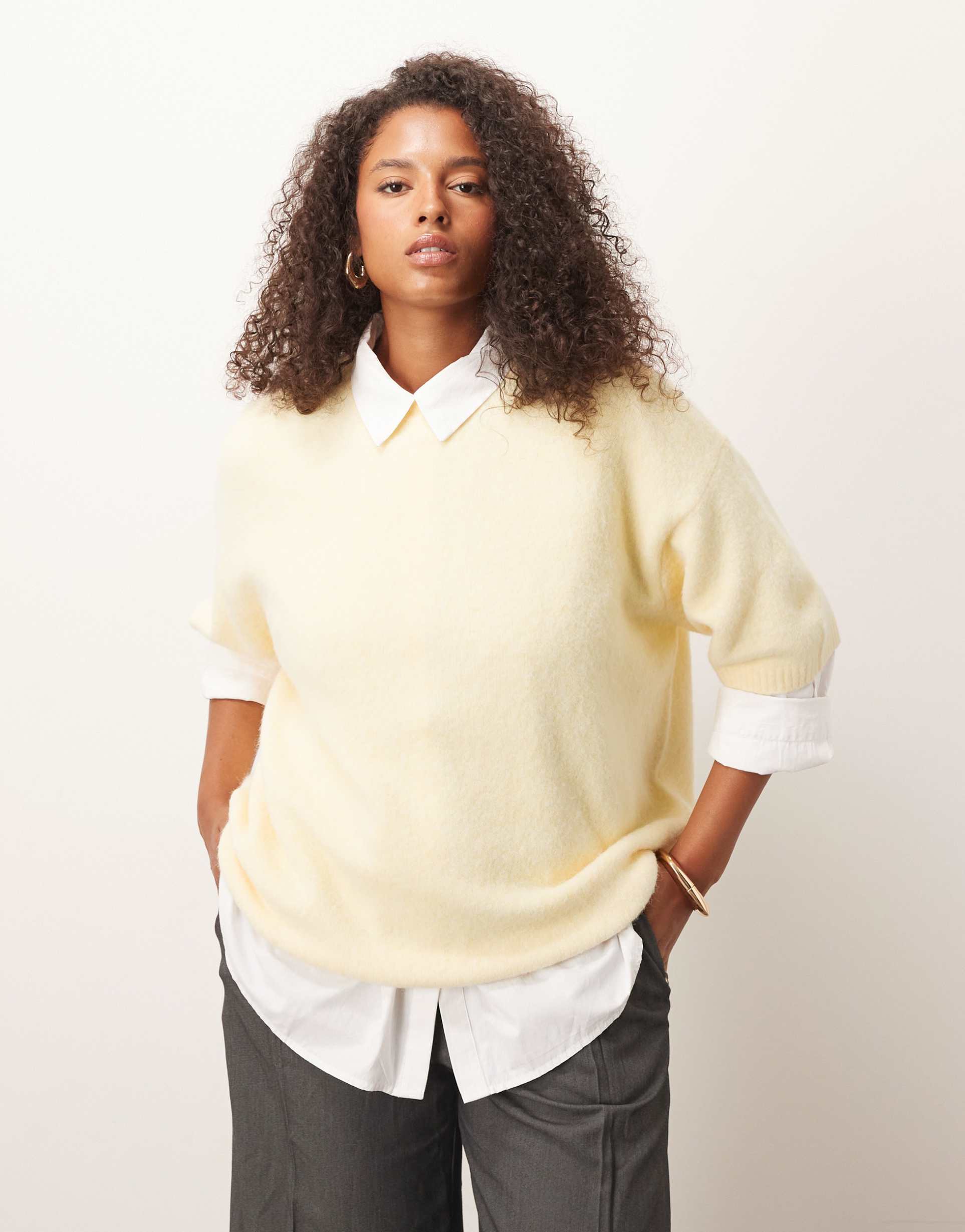asos design curve knitted crew neck fluffy t shirt sweater in buttermilk
