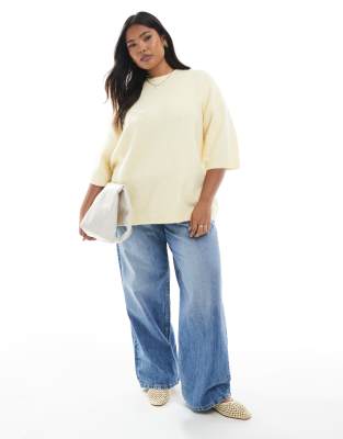 Asos Curve Asos Design Curve Knitted Crew Neck Fluffy T Shirt Sweater In Yellow