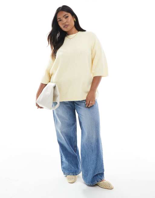 ASOS DESIGN Curve knitted crew neck fluffy t shirt sweater in buttermilk