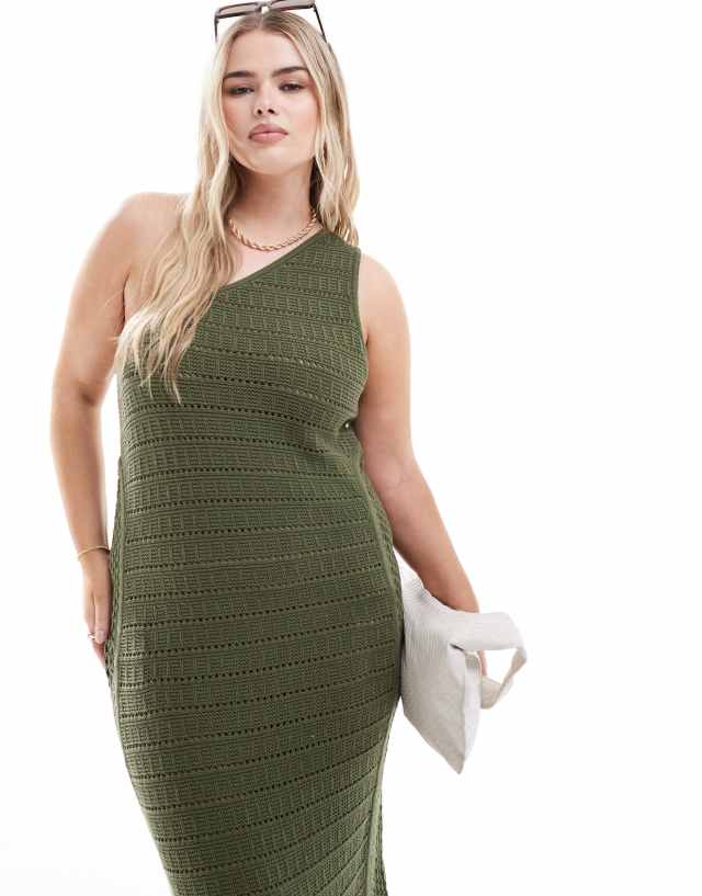 ASOS Curve - ASOS DESIGN Curve knitted crochet one shoulder maxi dress in khaki