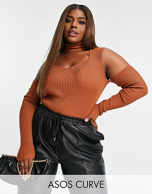 Jumpers & Cardigans Curve knitted cutout roll neck top with cold shoulder 