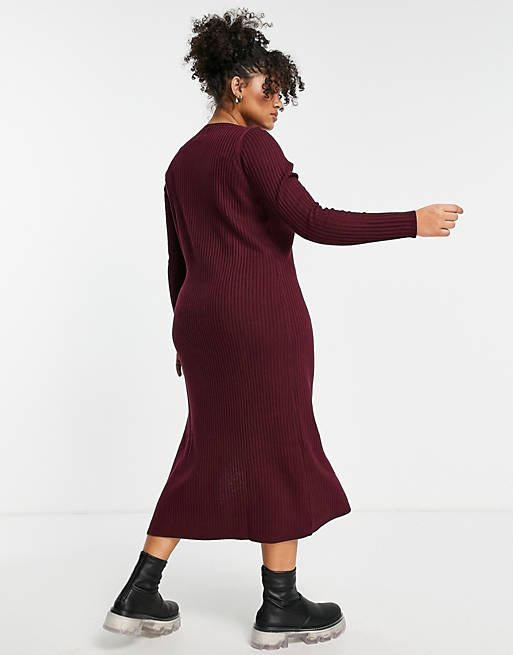  Curve knitted dress with v neck in rib in dark red 