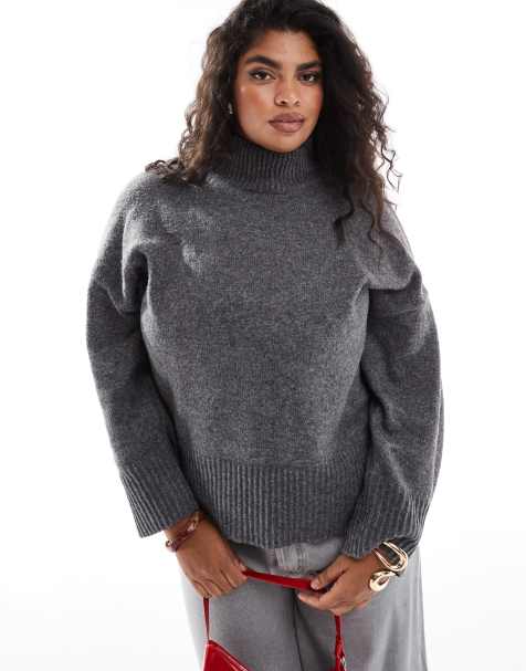 ASOS DESIGN Curve knitted high neck jumper with turn back cuffs in charcoal - view 1